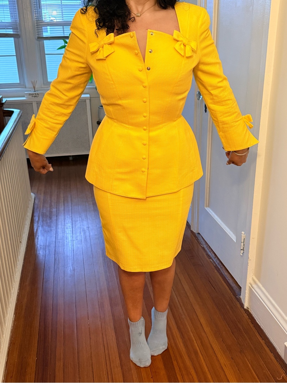 Thierry Mugler Bright Yellow Bow-Accent Button Jacket